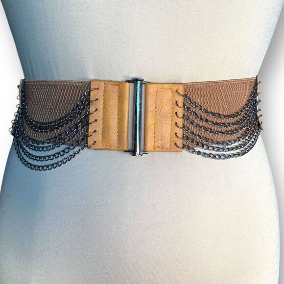 Vintage Y2K Yik Fung Tan Leather Draped Metal Chain Elastic Statement Belt - Picture 1 of 8